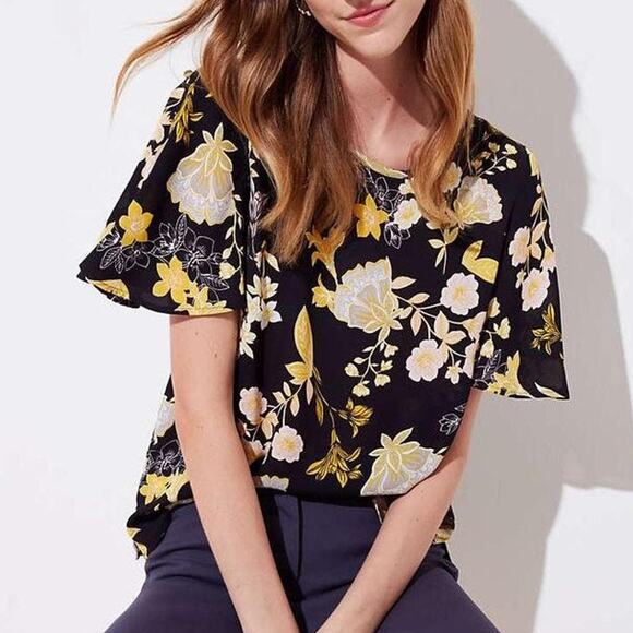 LOFT Floral Blouse Ruffle Sleeve Round Neck Button Keyhole Black Yellow Size M - Picture 1 of 8